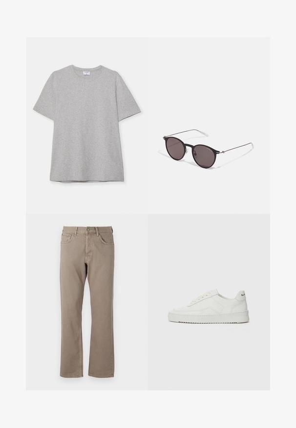 Camiseta gris de manga corta hecha de una tela suave y texturizada. Presenta un cuello redondo clásico y un dobladillo recto, adecuada para uso casual.; Vaqueros rectos beige hechos de tela de algodón, con cinco bolsillos, cierre de botón y cremallera, y costuras visibles a lo largo de las costuras.; Zapatilla de cuero blanca con un acabado suave, puntera redonda, cordones planos y suela texturizada. Cuenta con un sutil logo en el talón.; Gafas de sol redondas negras con lentes oscuros y brazos metálicos delgados. Incluye puntas de varilla transparentes y acentos plateados en la bisagra. Diseño minimalista.
