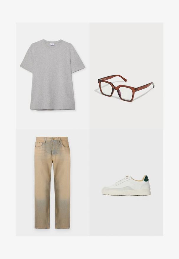 T-shirt grigio a maniche corte realizzato in morbido tessuto testurizzato. Presenta un classico colletto a girocollo e un orlo dritto, adatto per un abbigliamento casual.; Jeans in denim beige con design a gamba dritta, caratterizzati da un effetto sbiadito sul fondo, cinque tasche e chiusura con bottone.; Sneaker bianco con accenti in camoscio, punta rotonda, lacci piatti e suola in gomma crema. Presenta un marchio verde sul tallone.; Occhiali rettangolari oversize marroni con lenti trasparenti e una leggera sfumatura rosa sulla lente destra. Montatura in plastica con texture liscia.
