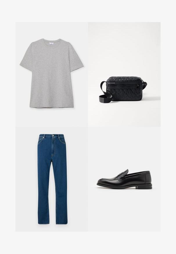 Šedé tričko s krátkým rukávem vyrobené z měkké, texturované látky. Disponuje klasickým kulatým výstřihem a rovného lemu, vhodné pro každodenní nošení.; Modré džíny z denimové látky s vysokým pasem, rovnými nohavicemi, pěti kapsami a kontrastním oranžovým prošíváním. Hladká textura.; Černé kožené polobotky s hladkou texturou, zaoblenou špičkou a zdobným páskem přes nárt. Nízký stohovaný podpatek, minimalistický design.; Černá křížová taška s texturovaným geometrickým vzorem, vybavená přední kapsou na zip a nastavitelným popruhem. Materiál je syntetická kůže.