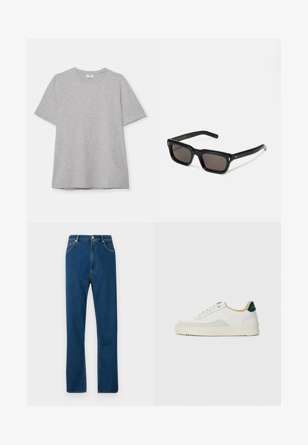 Siva kratka majica s kratkimi rokavi, narejena iz mehke, teksturirane tkanine. Ima klasičen okrogli ovratnik in ravno spodnjo rob, primerna za vsakdanje nošenje.; Modre jeans iz denima z visokim pasom, ravnim krojem, petimi žepi in kontrastnim oranžnim šivom. Gladka tekstura.; Bela trenerka z zaključki iz semiša, okroglo konico, ravne vezalke in kremna gumijasta podplata. Ima zeleno blagovno znamko na peti.; Črne pravokotne sončna očala s temnimi lečami, debelim plastičnim okvirjem, zlatimi detajli na templjih in izgravirano blagovno znamko na ročaju.