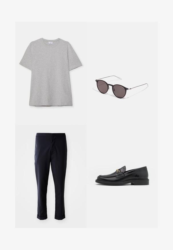 Sivá krátke rukávové tričko vyrobené z mäkkej, textúrnej látky. Má klasický okrúhly výstrih a rovný lem, ideálne na neformálne nosenie.; Námornícke nohavice so hladkým materiálom, rovný strih, stredne vysoký pás a srolované manžety. Žiadne viditeľné vrecká ani kovové detaily.; Čierne kožené loafers so zaoblenou špičkou, s pozlátenými kovovými prvkami a detailným šitím, uložené na nízkej, textúrovanej gumenej podrážke.; Čierne okrúhle slnečné okuliare s tmavými sklami a tenkými kovovými ramenami. Obsahujú priehľadné konce rámov a strieborné akcenty na pántoch. Minimalistický dizajn.