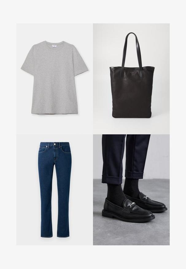 Szürke, rövid ujjú póló, puha, texturált anyagból készült. Klasszikus környakú és egyenes fazonú, alkalmas hétköznapi viseletre.; Sötétkék farmernadrág, karcsú, egyenes szárú kialakítással, klasszikus öt zsebes stílussal és gombos záródással a deréknál.; Fekete bőr loaferek, texturált felülettel, ezüst részletekkel, sötét zoknival és felhajtott kék nadrággal párosítva.; Fekete vászontáska fekete bőr füllel. Egyszerű dizájn, tágas test és sima textúra. Nincsenek látható logók vagy minták.