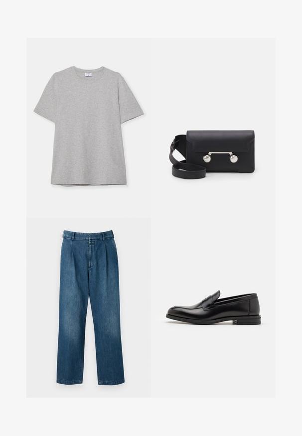 Harmaa lyhythihainen T-paita, joka on valmistettu pehmeästä ja teksturoidusta kankaasta. Varustettu klassisella pyöreällä pääntiellä ja suoraselkäisellä helman kanssa, sopii rentoon pukeutumiseen.; Siniset farkut suoranlahkeisella muotoilulla, joissa on korkea vyötärö, etupleatit ja perinteinen nappikiinnitys. Sileä tekstuuri.; Mustat nahkakengät, joissa on sileä pinta, pyöreä kärki ja koristeellinen nauha jalkapöydän yli. Matala pinoitu koroke, minimalistinen muotoilu.; Mustan nahkainen olkalaukku, jossa on läppäkiinnitys, hopeanväriset yksityiskohdat ja kaksi pyöreää koristetta. Varustettu irrotettavalla hihnalla. Sileä pinta.