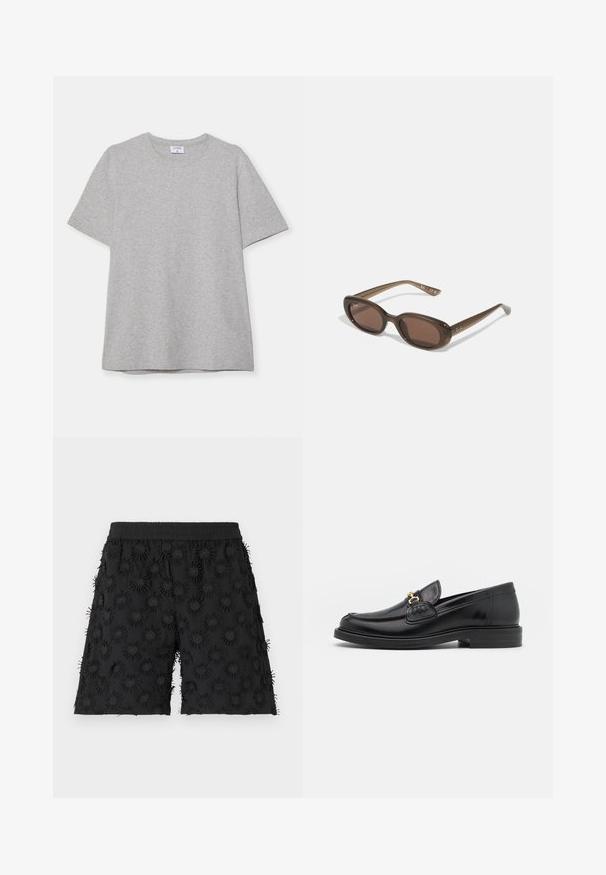 Gray short-sleeve T-shirt made from soft, textured fabric. Features a classic crew neck and a straight hem, suitable for casual wear.; Black shorts featuring an elastic waistband, embellished with textured circular patterns and embroidery, creating a three-dimensional effect.; Black leather loafers with a rounded toe, featuring gold hardware accent and stitching detail, set on a low, textured rubber sole.; Brown oval sunglasses with dark lenses. Frame has a transparent brown material and features a logo printed on the temples.
