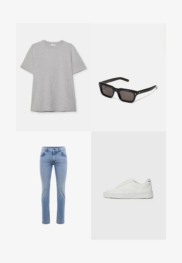 Harmaa lyhythihainen T-paita, joka on valmistettu pehmeästä ja teksturoidusta kankaasta. Varustettu klassisella pyöreällä pääntiellä ja suoraselkäisellä helman kanssa, sopii rentoon pukeutumiseen.; Vaaleansiniset farkut, joissa on slim fit -leikkaus, viisi taskua ja suorat lahkeet. Varustettu vetoketjulla ja vyölenkeillä. Pehmeä pinta.; Valkoinen nahkakenkä, jossa on sileä pinta, pyöreä kärki, tasaiset nauhat ja teksturoitu pohja. Sisältää huomaamattoman logon kantapäässä.; Mustat suorakulmaiset aurinkolasit tummilla linsseillä, paksu muovikehys, kultaiset korostukset temppeleissä ja brändin logo kaiverrettuna varteen.