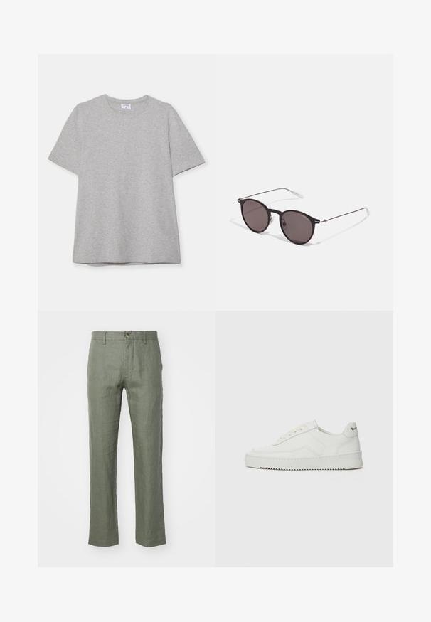 Grå kortermet T-skjorte laget av myk, teksturert stoff. Har en klassisk rund hals og en rett kant, passende for uformell bruk.; Lett, olivgrønn linbukse med rett ben, med knappelukking og en teksturert overflate. Ingen lommer synlige.; Hvite lærersneakers med en jevn overflate, rund tå, flate lisser og en teksturert såle. Har en subtil logo på hælen.; Sorte, runde solbriller med mørke linser og slanke metalarmer. Inkluderer klare temple tips og sølvfargede detaljer ved hengslet. Minimalistisk design.
