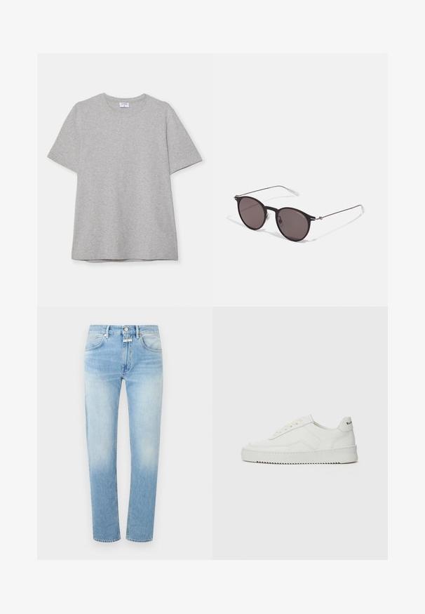 Szürke, rövid ujjú póló, puha, texturált anyagból készült. Klasszikus környakú és egyenes fazonú, alkalmas hétköznapi viseletre.; Világoskék farmernadrág, egyenes szárú kivitelben, két első zsebével, gombos záródással és enyhe kopással az anyagon.; Fehér bőr sportcipő sima felülettel, kerek orral, lapos fűzőkkel és texturált talppal. Finom logó található a sarokon.; Fekete kerek napszemüveg sötét lencsékkel és karcsú fém szárakkal. Átlátszó szárvégeket és ezüst részleteket tartalmaz az ívnél. Minimalista dizájn.