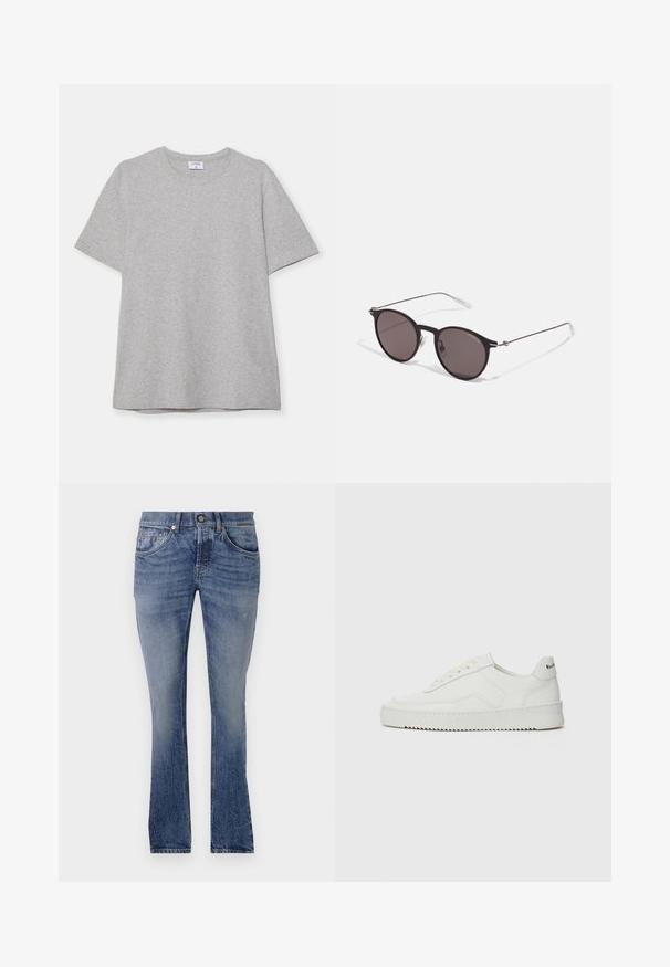 Camiseta gris de manga corta hecha de una tela suave y texturizada. Presenta un cuello redondo clásico y un dobladillo recto, adecuada para uso casual.; Vaqueros de mezclilla azul desvanecidos con corte recto, diseño de cinco bolsillos, cierre de botón y detalles de desvanecimiento sutiles para textura.; Zapatilla de cuero blanca con un acabado suave, puntera redonda, cordones planos y suela texturizada. Cuenta con un sutil logo en el talón.; Gafas de sol redondas negras con lentes oscuros y brazos metálicos delgados. Incluye puntas de varilla transparentes y acentos plateados en la bisagra. Diseño minimalista.