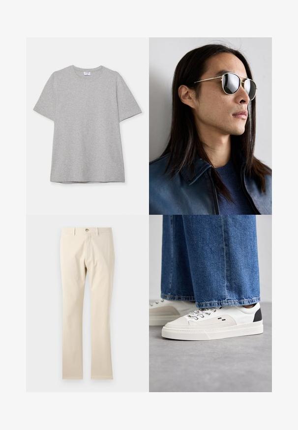 Grå kortermet T-skjorte laget av myk, teksturert stoff. Har en klassisk rund hals og en rett kant, passende for uformell bruk.; Beige bomullsbukser, rett ben design, med knappelukking og beltesløyfer, glatt tekstur, uten synlige mønstre eller detaljer.; Hvite og svarte joggesko med en glatt læroverdel, teksturerte detaljer og en kraftig hvit såle. Har en klassisk snøring.; Metall solbriller med reflekterende linser, i aviatorform, sølvfarget ramme og detaljer ved muntre. Brukt med en blå genser og jakke.