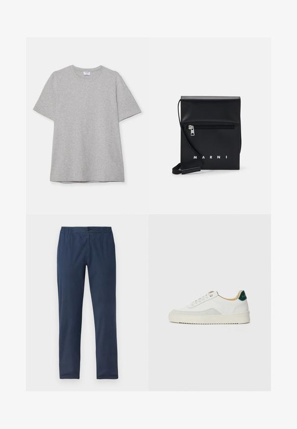 Graues T-Shirt mit kurzen Ärmeln aus weichem, strukturiertem Stoff. Verfügt über einen klassischen Rundhalsausschnitt und einen geraden Saum, geeignet für legere Trageanlässe.; Marineblaue Hose mit lockerer Passform, elastischem Bund, Knopfverschluss und glattem Stoff mit minimaler Textur.; Weiße Sneaker mit Wildlederelementen, runder Zehenpartie, flachen Schnürsenkeln und einer cremefarbenen Gummisohle. Mit grünen Markenlogo am Fersenbereich.; Schwarze Leder-Crossbody-Tasche mit einer Reißverschlusstasche vorne, geprägtem Logo und verstellbarem Tragegurt. Glatte Oberfläche mit strukturierter Form.