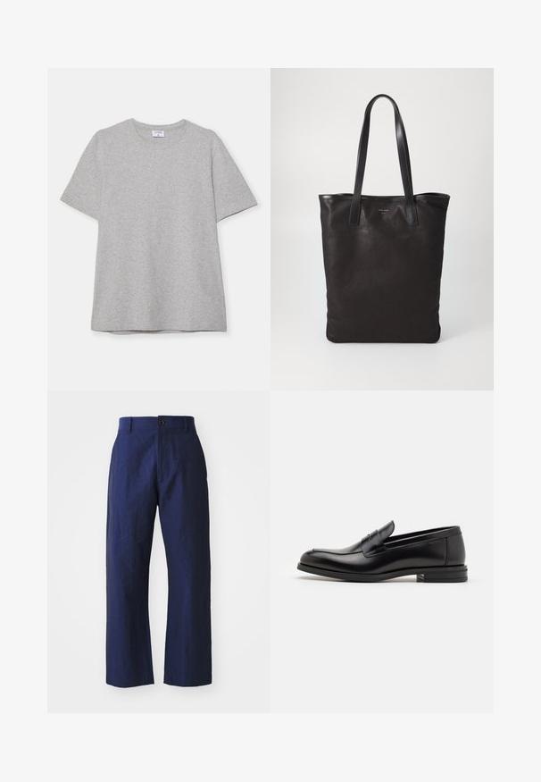 T-shirt gris à manches courtes fabriqué en tissu doux et texturé. Présente un col rond classique et un ourlet droit, idéal pour une tenue décontractée.; Pantalons en lin bleu marine avec une coupe décontractée, des jambes droites, une fermeture à bouton à l'avant et une texture subtile. Design épuré, sans embellissements.; Mocassins en cuir noir avec une texture lisse, bout rond et une sangle décorative sur le dessus. Talon bas empilé, design minimaliste.; Sac fourre-tout en toile noire avec des poignées en cuir noir. Design simple, corps spacieux et texture lisse. Pas de logos ou motifs visibles.