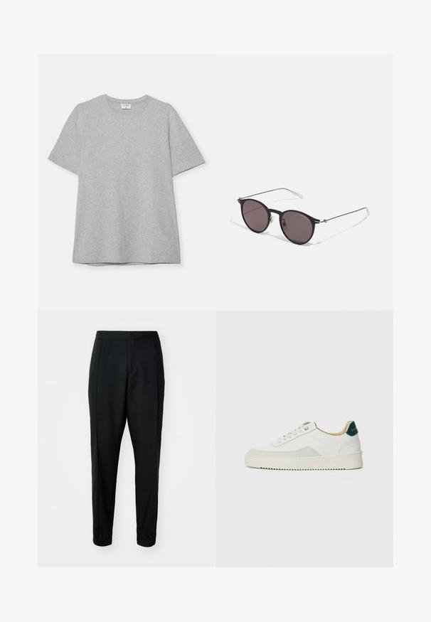 Gray short-sleeve T-shirt made from soft, textured fabric. Features a classic crew neck and a straight hem, suitable for casual wear.; Black tapered trousers with a smooth texture, elastic waistband, and cuffs. Features pleats at the front for a tailored look.; White sneaker with suede accents, rounded toe, flat laces, and a cream rubber sole. Features green branding on the heel.; Black round sunglasses with dark lenses and slim metal arms. Includes clear temple tips and silver accents at the hinge. Minimalist design.