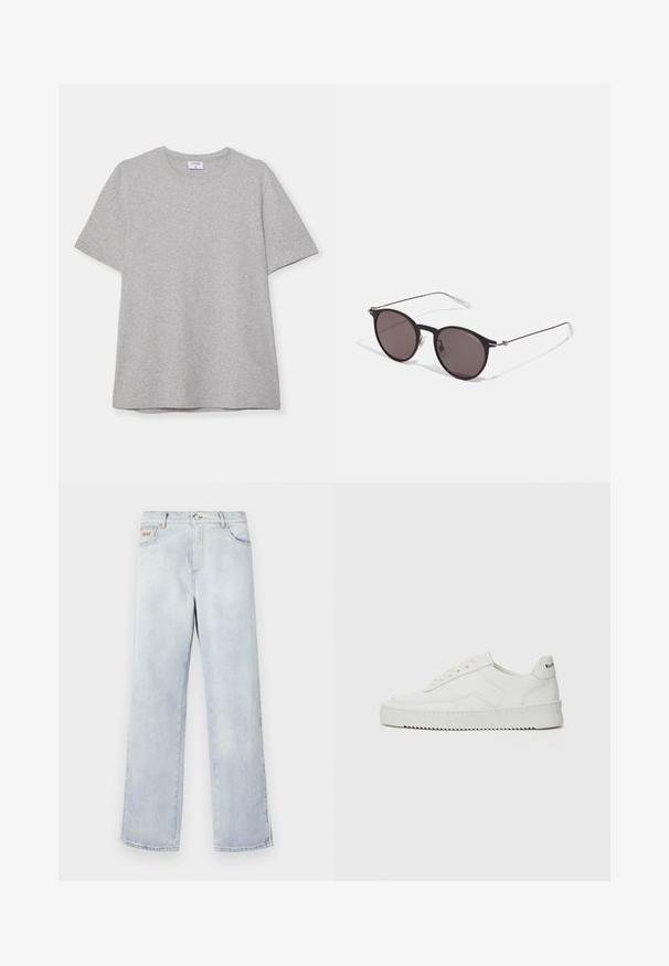Gray short-sleeve T-shirt made from soft, textured fabric. Features a classic crew neck and a straight hem, suitable for casual wear.; Light blue denim jeans with a straight leg design, featuring a button closure, five pockets, and contrast stitching.; White leather sneaker with a smooth finish, round toe, flat laces, and a textured sole. Features a subtle logo on the heel.; Black round sunglasses with dark lenses and slim metal arms. Includes clear temple tips and silver accents at the hinge. Minimalist design.