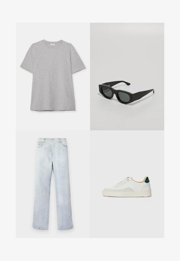 Gray short-sleeve T-shirt made from soft, textured fabric. Features a classic crew neck and a straight hem, suitable for casual wear.; Light blue denim jeans with a straight leg design, featuring a button closure, five pockets, and contrast stitching.; White sneaker with suede accents, rounded toe, flat laces, and a cream rubber sole. Features green branding on the heel.; Black rectangular sunglasses with green tinted lenses, thick frames, and flat temples featuring a smooth plastic texture.