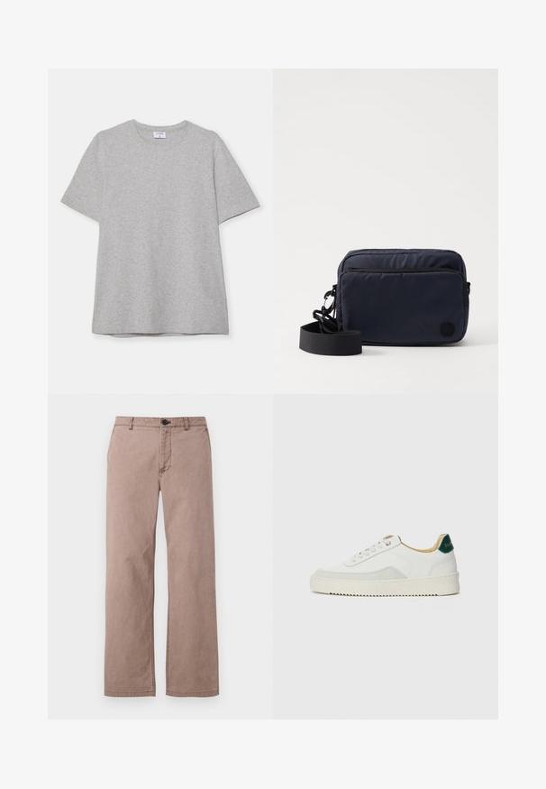 Γκρίζα κοντομάνικη μπλούζα φτιαγμένη από μαλακό, υφασμάτινο υλικό. Διαθέτει κλασικό στρογγυλό λαιμό και ίσια στρώση, κατάλληλη για ένδυση καθημερινής χρήσης.; Καφέ βαμβακερές παντελόνες με ίσια γραμμή, μπροστινές τσέπες, θυλάκια ζώνης και κλείσιμο με κουμπί. Λείες επιφάνειες με ελάχιστες ραφές.; Λευκά sneakers με σουέτ λεπτομέρειες, στρογγυλή μύτη, επίπεδα κορδόνια και κρέμα από καουτσούκ σόλα. Διαθέτει πράσινη επωνυμία στη φτέρνα.; Σακίδιο χιαστί σε ναυτικό μπλε χρώμα, κατασκευασμένο από υφασμάτινο ναυλον με υφή, διαθέτοντας μπροστινή τσέπη με φερμουάρ και ρυθμιζόμενο λουρί. Λογότυπο ανάγλυφο στο πλάι.