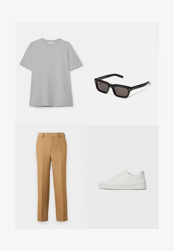 Gray short-sleeve T-shirt made from soft, textured fabric. Features a classic crew neck and a straight hem, suitable for casual wear.; Beige dress pants made of woven fabric, featuring a straight cut, flat front, and belt loops. Smooth texture with no visible patterns.; White leather sneaker with a smooth finish, round toe, flat laces, and a textured sole. Features a subtle logo on the heel.; Black rectangular sunglasses with dark lenses, thick plastic frame, gold accents on temples, and brand logo engraved on the arm.