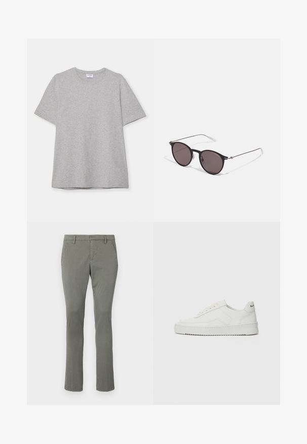 Šedé tričko s krátkým rukávem vyrobené z měkké, texturované látky. Disponuje klasickým kulatým výstřihem a rovného lemu, vhodné pro každodenní nošení.; Šedé chinos s přímým střihem, obsahující dvě boční kapsy a čistý pas. Vyrobeno z hladké, lehké látky.; Bílé kožené tenisky s hladkým povrchem, kulatou špičkou, plochými tkaničkami a texturovanou podrážkou. Na patě se nachází nenápadné logo.; Černé kulaté sluneční brýle s tmavými skly a tenkými kovovými nohami. Obsahují průhledné koncovky nožiček a stříbrné akcenty na pantu. Minimalistický design.