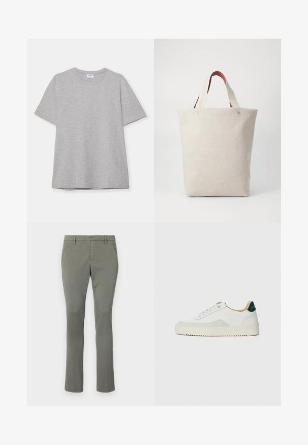 Gray short-sleeve T-shirt made from soft, textured fabric. Features a classic crew neck and a straight hem, suitable for casual wear.; Gray chinos with a straight leg design, featuring two side pockets and a clean waistband. Made from a smooth, lightweight fabric.; White sneaker with suede accents, rounded toe, flat laces, and a cream rubber sole. Features green branding on the heel.; Tote bag in light beige fabric with a textured finish, featuring two contrasting brown leather handles and metal accents at the top.