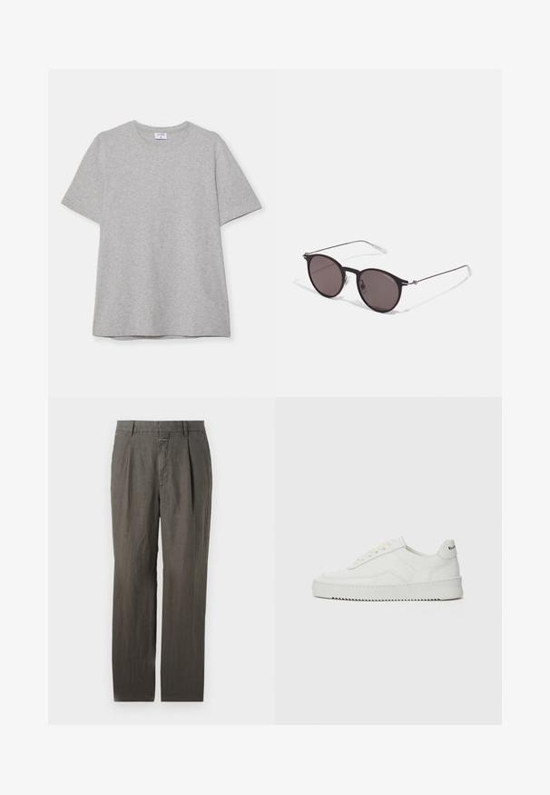 Pelēks īsā piedurkņu T-krekls, kas izgatavots no mīkstas, teksturētas auduma. Tam ir klasiskā apļa kakla izgriezums un taisna apakšmalā, piemērots ikdienas valkāšanai.; Gai lina bikses ar taisnu kāju dizainu, ar priekšējiem krokām un jostasvietu, kas aizveras ar nemanāmu pogu. Gluda tekstūra.; Baltas ādas sneakers ar gludu virsmu, apaļu pirkstu daļu, plakaniem šņorēm un teksturētu zoli. Satur diskrētu logotipu uz papēža.; Melni apaļi saulesbrilles ar tumšiem lēca un plānām metāla stangām. Iekļautas caurspīdīgas tempļu galviņas un sudraba akcenti pie eņģes. Minimalistisks dizains.