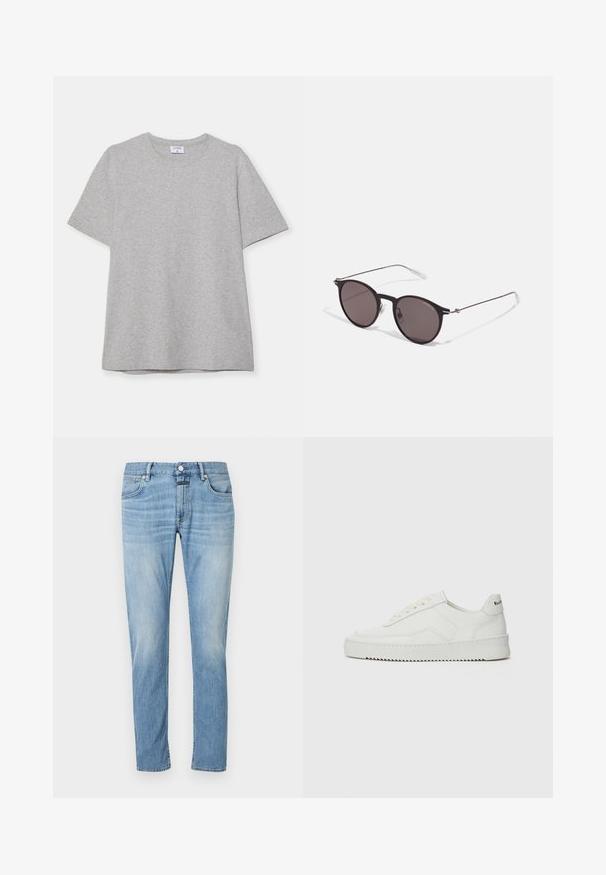 T-shirt grigio a maniche corte realizzato in morbido tessuto testurizzato. Presenta un classico colletto a girocollo e un orlo dritto, adatto per un abbigliamento casual.; Jeans in denim azzurro chiaro con un design a gamba dritta, cinque tasche e cuciture visibili. Il tessuto sembra morbido con una finitura sbiadita.; Sneaker in pelle bianca con una finitura liscia, punta rotonda, lacci piatti e suola testurizzata. Presenta un logo discreto sul tallone.; Occhiali da sole neri rotondi con lenti scure e sottili bracci in metallo. Include punte trasparenti e accenti argentati alla cerniera. Design minimalista.