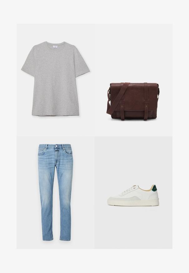 T-shirt grigio a maniche corte realizzato in morbido tessuto testurizzato. Presenta un classico colletto a girocollo e un orlo dritto, adatto per un abbigliamento casual.; Jeans in denim azzurro chiaro con un design a gamba dritta, cinque tasche e cuciture visibili. Il tessuto sembra morbido con una finitura sbiadita.; Sneaker bianco con accenti in camoscio, punta rotonda, lacci piatti e suola in gomma crema. Presenta un marchio verde sul tallone.; Borsa a tracolla in pelle marrone con un davanti piatto, due cinghie, dettagli in metallo dorato e una tracolla regolabile.