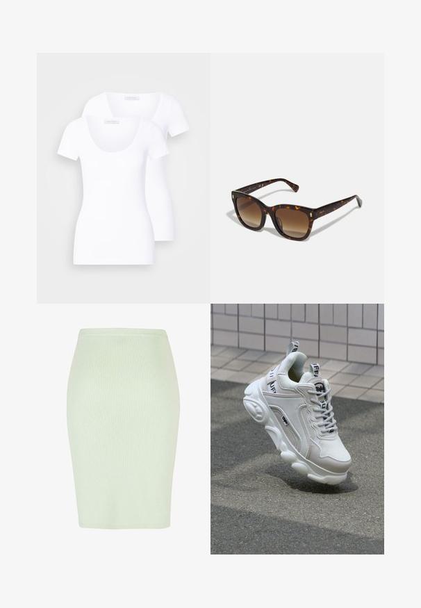 Kaksi valkoista lyhythihaista t-paitaa, joissa on pyöreä kaula-aukko, valmistettu sileästä kankaasta, ja joissa on istuva malli ilman näkyviä kuvioita tai koristeita.; Neulehame vaaleassa mintunvihreässä, jossa on pystysuora ribbikuvio, muotoiltu leikkaus ja sileä vyötärö. Ihanteellinen sekä rentoon että viralliseen käyttöön.; Valkoiset tennarit, joissa on verkko- ja nahkamateriaaleja, pyöreä kärki, paksu pohja, erottuvat nauhat sekä brändäys kantapäässä ja kielessä.; Kilpikonnakuoriset neliönmuotoiset aurinkolasit, joissa on liukuväriset ruskeat linssit, kultaiset yksityiskohdat temples ja paksu, kiiltävä kehys.
