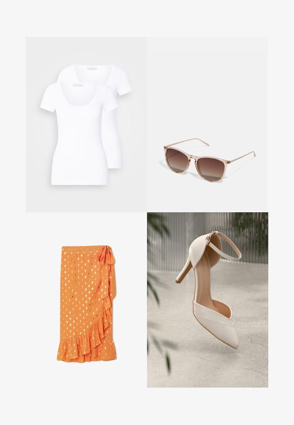 Du du balti trumpų rankovių marškiniai su apvaliu iškirpimu, pagaminti iš lygaus audinio, pasižymintys prigludusiu dizainu ir be matomų raštų ar akcentų.; Oranžinė apvyniota sijonas su auksiniais taškeliais, raukšlėta apatinė dalis ir šoninė juostelė. Pagaminta iš lengvos medžiagos, turinčios lygų paviršių.; Balti aukštakulniai bateliai iš lygios medžiagos su smailiu pirštu ir kulkšnies dirželiu. Yra šviesiai rudos spalvos vidus ir auksinės spalvos detalės.; Rudi gradientiniai saulės akiniai su permatomu rožiniu rėmeliu, kvadratinės formos ir plonomis metalinėmis šakėmis. Yra su apvalintais kraštais ir minimaliais dekoratyviniais elementais.; Balta struktūruota rankinė su trumpomis rankenomis ir peties diržu, su auksinėmis detalėmis ir tekstūruota medžiaga, pastatyta prieš pilką foną.