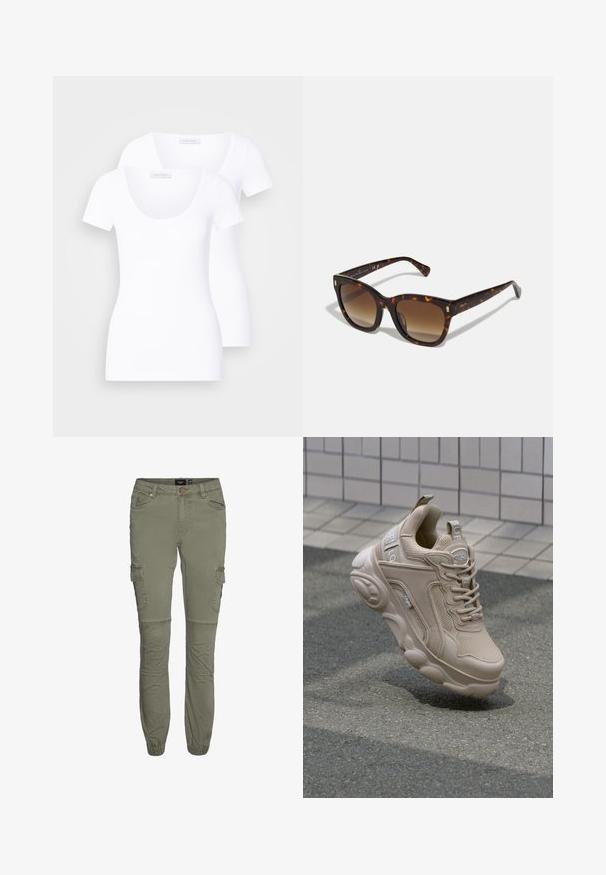 Two white short-sleeve t-shirts with a scoop neckline, made from smooth fabric, featuring a fitted design and no visible patterns or accents.; Olive green cargo pants in durable cotton blend with tapered cuffs, multiple pockets, and knee pleats for added mobility.; Beige athletic shoe featuring a mesh and synthetic upper, padded collar, and chunky sole with textured accents. Branding visible on the side.; Tortoiseshell square sunglasses with gradient brown lenses, featuring gold accents on temples and a thick, glossy frame.