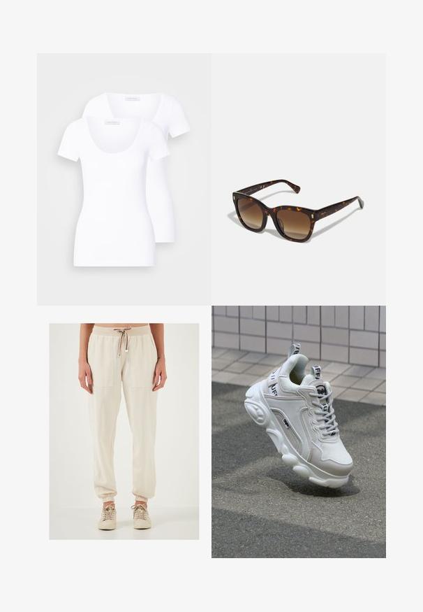 Dve bele kratke majice s kratkimi rokavi in krožnim izrezom, narejene iz gladkega materiala, s prilegajočim dizajnom in brez vidnih vzorcev ali dodatkov.; Svetlo bež hlače za jogiranje z elastičnim pasom in vrvico, ki imajo dve veliki sprednji žepi in elastične manšete na gležnjih.; Bela superga z mrežastim in usnjenim materialom, zaobljenim nosom, debelim podplatom, opaznimi vezalkami ter blagovno znamko na peti in jeziku.; Sončniki v tortoščnem vzorcu s kvadratnim okvirjem in gradientnimi rjavimi lečami, katere krasijo zlati detajli na ročajih ter debel, sijoč okvir.