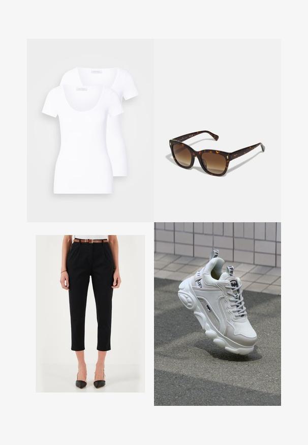 Dve bele kratke majice s kratkimi rokavi in krožnim izrezom, narejene iz gladkega materiala, s prilegajočim dizajnom in brez vidnih vzorcev ali dodatkov.; Črne hlače z visokim pasom in zoženimi nogami, ki imajo sprednje gube in rjav pas. V kombinaciji z ostro koničastimi črnimi petami.; Bela superga z mrežastim in usnjenim materialom, zaobljenim nosom, debelim podplatom, opaznimi vezalkami ter blagovno znamko na peti in jeziku.; Sončniki v tortoščnem vzorcu s kvadratnim okvirjem in gradientnimi rjavimi lečami, katere krasijo zlati detajli na ročajih ter debel, sijoč okvir.