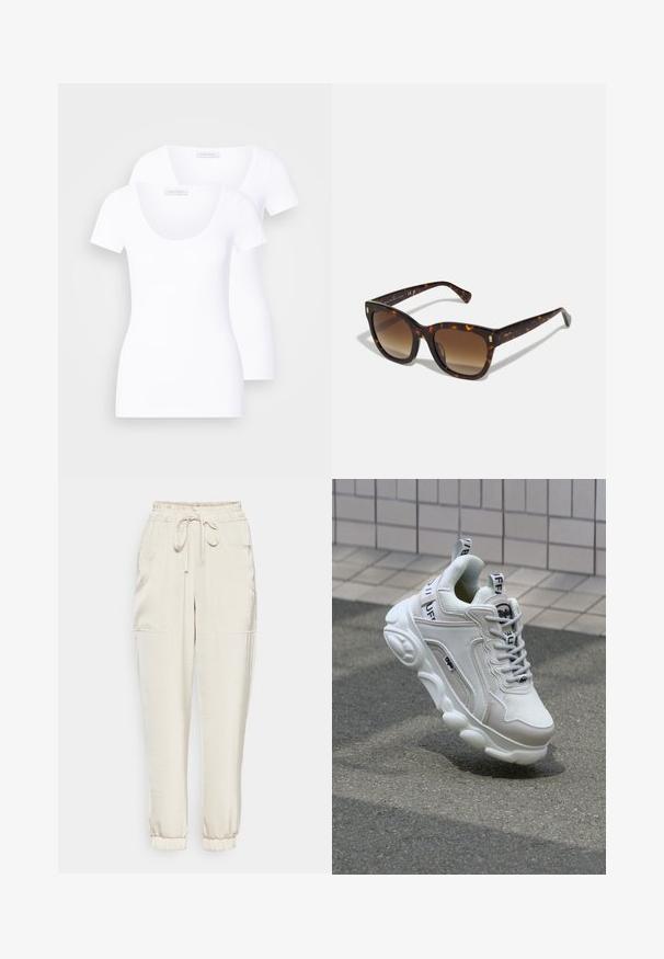 Dve bele kratke majice s kratkimi rokavi in krožnim izrezom, narejene iz gladkega materiala, s prilegajočim dizajnom in brez vidnih vzorcev ali dodatkov.; Svetlo bež hlače za prosti čas iz mehke tkanine z elastičnim pasom, vrvico in dvema stranskima žepoma. Na konicah so zategnjene.; Bela superga z mrežastim in usnjenim materialom, zaobljenim nosom, debelim podplatom, opaznimi vezalkami ter blagovno znamko na peti in jeziku.; Sončniki v tortoščnem vzorcu s kvadratnim okvirjem in gradientnimi rjavimi lečami, katere krasijo zlati detajli na ročajih ter debel, sijoč okvir.