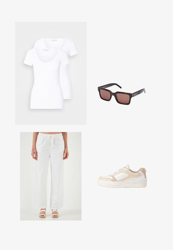 Dwa białe t-shirty z krótkim rękawem o okrągłym dekolcie, wykonane z gładkiego materiału, mające dopasowany krój i bez widocznych wzorów czy akcentów.; Białe, luźne lniane spodnie z elastycznym pasem w talii i sznurkiem do regulacji. Gładka tekstura, szerokie nogawki i brak widocznych wzorów.; Beżowo-białe trampki z gładką skórzaną cholewką, perforowanym czubkiem, sznurowaną konstrukcją, teksturowanymi akcentami oraz masywną gumową podeszwą.; Okulary przeciwsłoneczne w kolorze żółwia z geometrycznymi, dużymi oprawkami, brązowymi szkłami, złotymi zdobieniami na krawędziach i czarnymi zausznikami.