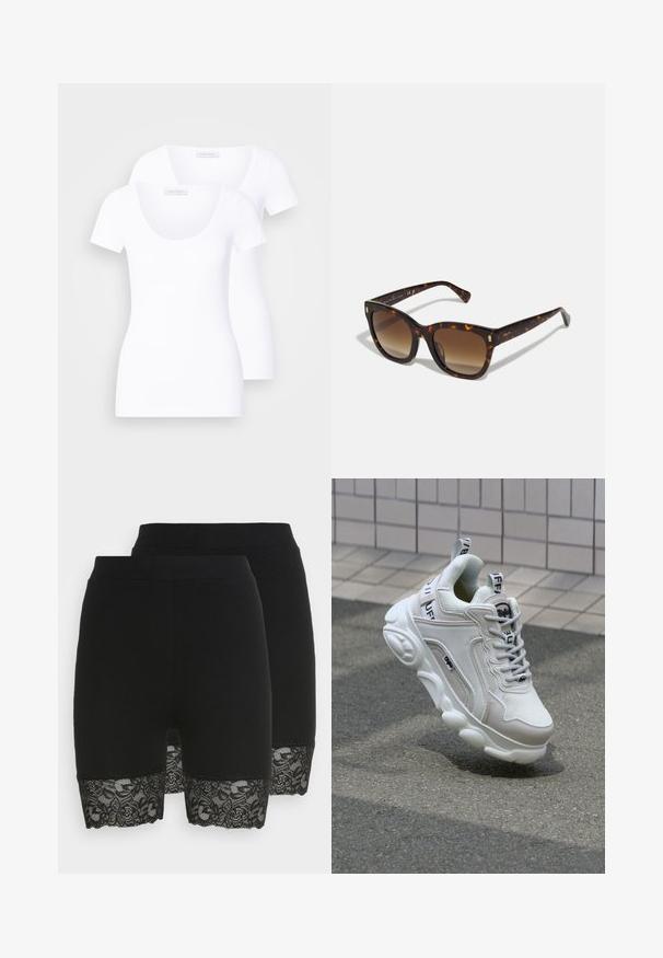To hvite t-skjorter med kort erme og utringning, laget av glatt stoff, med en tettsittende design uten synlige mønstre eller detaljer.; Sorte shorts laget av glatt stoff med blondekant ved kanten, med blomsterdesign. To par synlige, som viser et konsistent design.; Hvit sneaker laget av mesh og lær, rund tå, tykk såle, fremtredende lisser, og merkevare på hælen og tungen.; Søtterskall firkantede solbriller med gradient brune linser, med gullfargede detaljer på bøylene og en tykk, glanset ramme.
