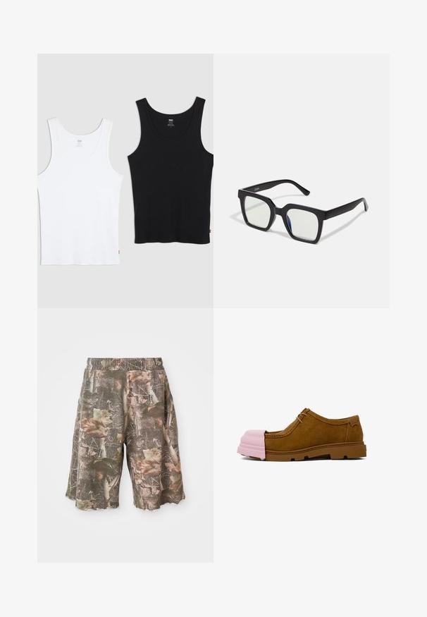 Due canotte di cotone, una bianca e una nera, entrambe con una texture a costine, scollo rotondo e un piccolo logo rosso sull'orlo.; Pantaloni corti con motivo mimetico e cintura elasticizzata, caratterizzati da una combinazione di colori verde, marrone e beige, con orlo sfilacciato per un look robusto.; Scarpa in suede marrone con punta in gomma rosa e suola in gomma marrone. Presenta lacci e un design cucito sulla parte superiore.; Occhiali da sole neri con finitura opaca, dotati di lenti trasparenti e una leggera sfumatura blu su un lato. Design robusto e angolare.