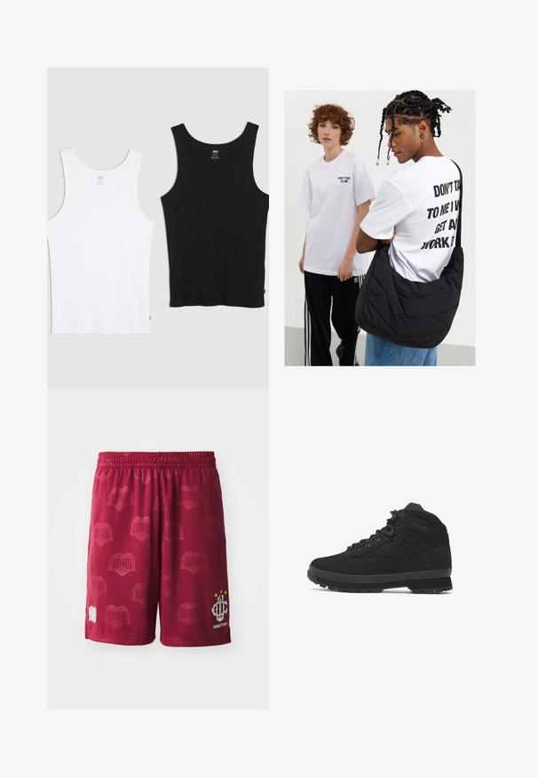 Deux débardeurs en coton, un blanc et un noir, chacun avec une texture côtelée, un col rond et un petit logo rouge sur l'ourlet.; Shorts de sport bordeaux avec une taille élastique, présentant un motif subtil de cœurs et un logo blanc avec trois étoiles sur une jambe.; Bottes de randonnée mi-hautes noires en daim et en nylon, avec des lacets ronds, des œillets renforcés et une semelle en caoutchouc texturé avec un motif de crampons.; Sac en bandoulière noir en tissu matelassé avec une texture douce, porté par une personne vêtue d'un T-shirt blanc à motifs graphiques avec un texte en gras. Tenue décontractée avec un jean.