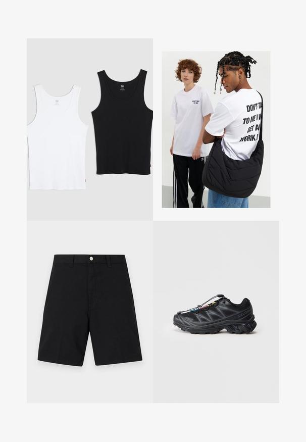 Du dušo medvilniniai marškiniai be rankovių, vieni balti, kiti juodi, su raukšlėta tekstūra, apvaliu kaklu ir mažuoju raudonu logotipu ant apvado.; Juodieji medvilniniai šortai su sidabriniu mygtuku ant juosmens, tiesios kojų linijos dizainu ir minimaliais siuvimo akcentais, skirtas švariam įvaizdžiui.; Juodi sportiniai batai su tekstūruota tinklelio viršūne, sustiprinta pirštų dalimi ir greito raištelio sistema. Yra tvirtas padas ir šiek tiek pakelta kulno dalis.; Juodas siuvinėtas peties krepšys su minkšta tekstūra, dėvimas asmens, kuris vilki baltą marškinėlį su grafika ir ryškiais užrašais. Kasdieniškas aprangos stilius su džinsais.