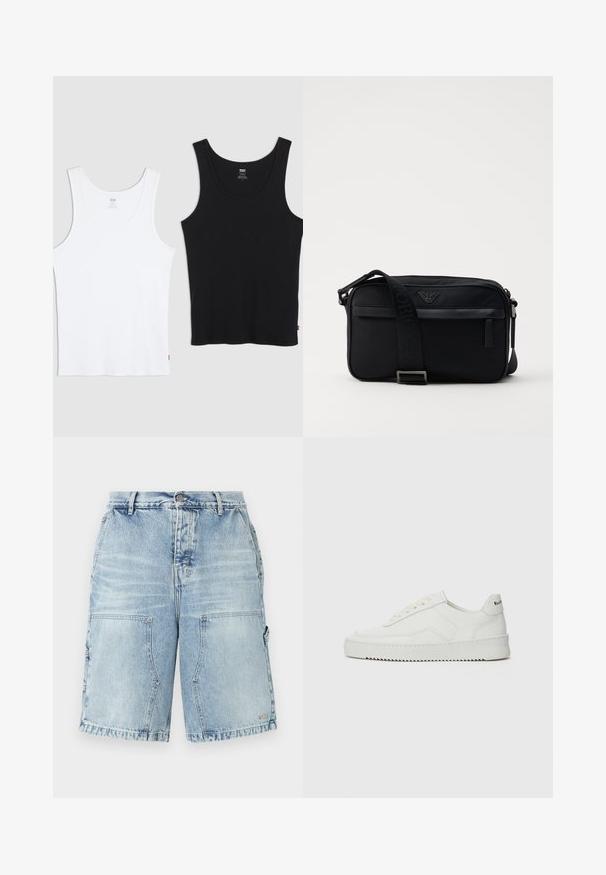Dvě bavlněné tílka, jedno bílé a jedno černé, každé s žebrovanou strukturou, kulatým výstřihem a malým červeným logem na lemu.; Světle modré džíny šortky s volným střihem, které mají dvě přední kapsy a další boční kapsy. Po celé ploše mají distressed texturu.; Bílé kožené tenisky s hladkým povrchem, kulatou špičkou, plochými tkaničkami a texturovanou podrážkou. Na patě se nachází nenápadné logo.; Černá nylonová taška přes rameno s kontrastním popruhem, elegantním obdélníkovým tvarem, logem a zipovou kapsou na přední straně.
