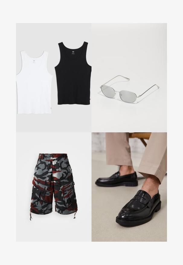 Dos camisetas sin mangas de algodón, una blanca y otra negra, cada una con una textura acanalada, cuello redondo y un pequeño logo rojo en el dobladillo.; Pantalones cortos cargo de camuflaje en tela roja, negra y gris. Presenta múltiples bolsillos, dobladillos ajustables con cordón y un diseño de corte relajado.; Mocasines de cuero negro con un acabado suave, que cuentan con una correa decorativa y costuras en contraste, combinados con pantalones beiges.; Gafas de sol de metal plateado con lentes grises ovalados, brazos delgados y diseño minimalista. Los lentes presentan una sutil calidad reflectante.