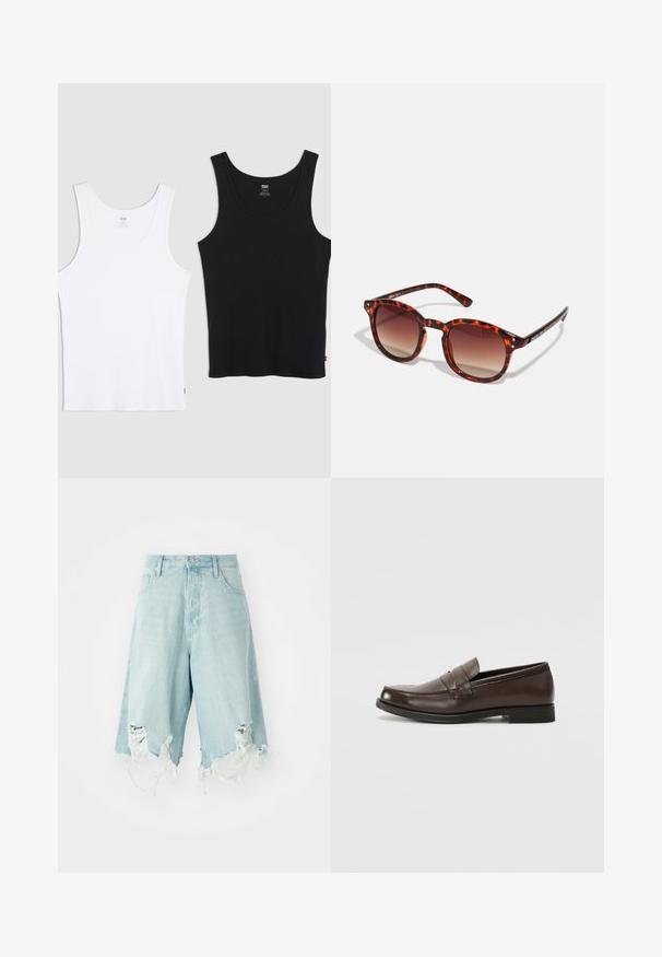 Dvě bavlněné tílka, jedno bílé a jedno černé, každé s žebrovanou strukturou, kulatým výstřihem a malým červeným logem na lemu.; Svetlomodré džíny šortky s vysokým pasem, které mají poškozené části a třepené lemy. Navrženy s pěti kapsami a klasickým knoflíkovým zapínáním.; Hnědé kožené mokasíny s zaoblenou špičkou, dekorativním šitím a malým, plochým podpatkem. Hladká textura s decentními designovými prvky.; Želvovinové sluneční brýle s hnědými gradientovými skly, zaobleného tvaru, s černými akcenty na nožičkách; obsahují dva malé kovové nýty blízko skel.; Černá kožená kabelka přes rameno s klopou, dvěma stříbrnými sponami, žlutým prošíváním a nastavitelným popruhem. Vyznačuje se hladkou texturou a kompaktním designem.