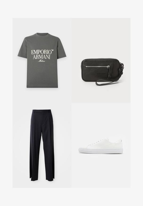 Grijs katoenen T-shirt met korte mouwen en een ronde hals, voorzien van witte blokletters en een logo op de borst. Gladde textuur, eenvoudig ontwerp.; Zwarte, hooggewaisted broeken met een brede pijp, gemaakt van een gladde stof. Voorzien van voorkanten met plooien en riemlussen. Minimalistisch ontwerp, geen zichtbare hardware.; J.LINDEBERG Sneakers laag - white; Zwarte leren clutch met een gestructureerd oppervlak, voorzak met rits en een afneembare polsband. Beschikt over een logo-opdruk aan de voorkant. Rechthoekige vorm.