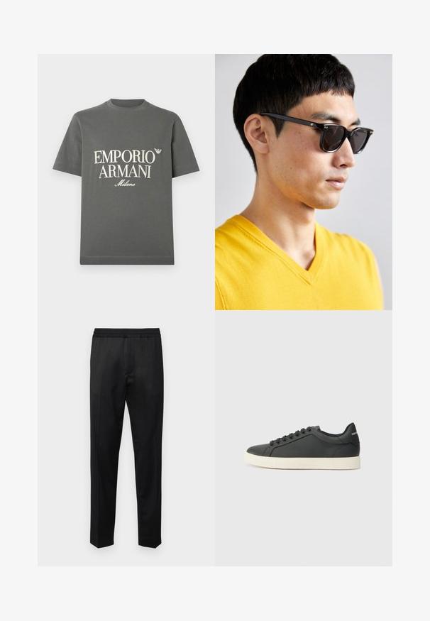 Graues Baumwoll-T-Shirt mit kurzen Ärmeln und Rundhalsausschnitt, mit weißem Blocktext und Logo auf der Brust. Glatte Struktur, schlichtes Design.; Filippa K RELAXED TROUSERS - Stoffhose - anthracite; Schwarze Ledersneaker mit niedrigem Profil, abgerundeter Zehe und Schnürverschluss; ausgestattet mit einer strukturierten Gummisohle und Logo-Detail an der Ferse.; Sonnenbrille mit schwarzen Rahmen und dunklen Gläsern. Bemerkenswerte Details sind kleine goldene Akzente an den Scharnieren und eine rechteckige Form.