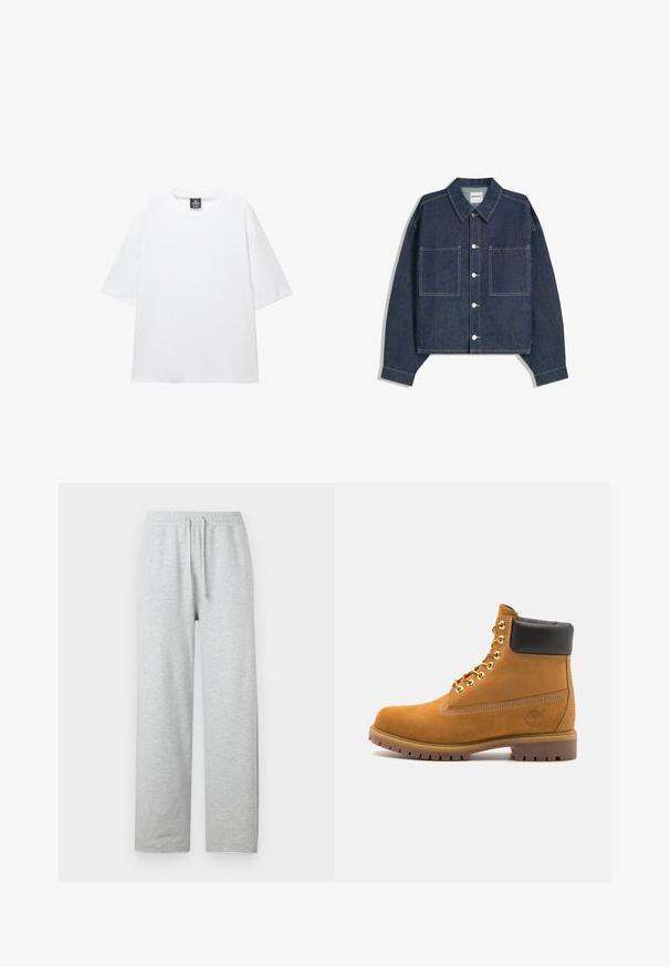 Bílá oversize tričko s krátkým rukávem, kulatým výstřihem a měkkou bavlněnou tkaninou. Má černou štítku na krku. Bez vzorů nebo akcentů.; Tmavě modrá džínová zkrácená bunda s špičatým límcem, dvěma předními kapsami a stříbrným zapínáním na knoflíky. Obsahuje viditelné detaily šití.; Weekday ASTRO TERRY - Teplákové kalhoty - grey melange; Hnědé semišové kotníkové boty s černým polstrovaným límcem, zlatými kovovými očky, bílým prošíváním a odolnou gumovou podrážkou s výraznými drážkami.