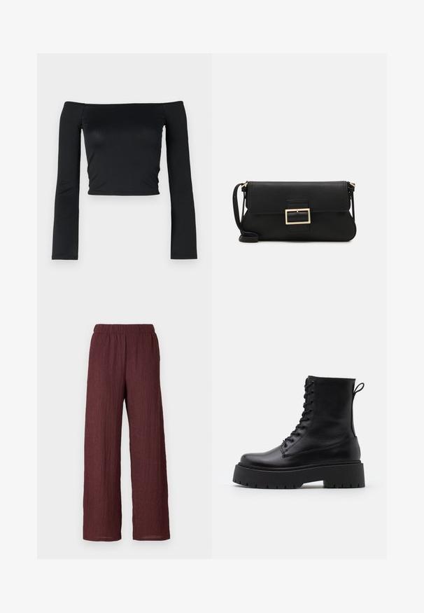 Top scurt negru, cu mâneci lungi și ajustate și decolteu off-the-shoulder, realizat dintr-un material moale și neted. Design simplu și ajustat.; Pantaloni largi burgundy dintr-un material texturat, creponat. Prezintă un tiv elastic și se potrivesc drept până la glezne.; Botine din piele neagră, până la gleznă, cu vârful rotund, șireturi în față și o talpă groasă din cauciuc cu un model texturat. Fâșie de tragere la spate.; Geantă de mână din piele neagră, cu clapetă și un detaliu din metal auriu. Include o curea neagră și un design elegant, minimalist.