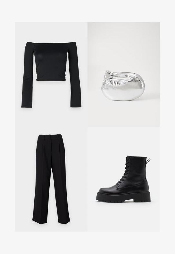 Black cropped top with long, fitted sleeves and an off-the-shoulder neckline, made from soft, smooth fabric. Simple and form-fitting design.; Black trousers with a straight, wide-leg design, featuring a flat front, belt loops, and a smooth texture. Suitable for various occasions.; Black leather ankle boots with a round toe, lace-up front, and a thick rubber sole featuring a textured tread. Pull tab at the back.; Silver metallic pouch bag with a soft, rounded shape and a knotted top closure. Made from smooth faux leather material.; Silver hoop earrings with a minimalist design. Circular shape, smooth texture, and thin profile. Lightweight with a polished finish.