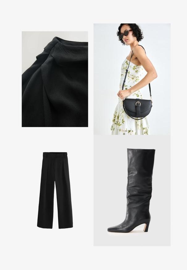 Melnā auduma ar mīkstu, teksturētu virsmu, kas ietver pakarienus un sakravātu detaļu augšpusē, uzsverot plūdenumu dizainā.; Melnas plašas bikses ar augstu jostu, ar bārkstīm un gludu, audumu struktūru. Izgatavotas no mīksta materiāla, lai nodrošinātu komfortu.; Melnas ādas vidukļa augstuma zābaki ar nelielu krāpšanu un norakstu purngalu uz gaiša fona.; Melnas ādas rokassoma ar izliekta formu, noņemamu siksnu un zelta aksesuāriem. Somai ir vāciņš ar sprādzes detaļu.