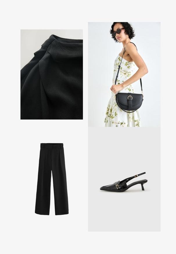 Țesătură neagră cu o suprafață moale și texturată, cu pliuri drapate și un detaliu adunat în partea de sus, care subliniază fluiditatea designului.; Pantaloni negri cu picioare wide-leg, cu un talie înaltă, având pliseuri și o textură netedă, țesută. Confectionați dintr-un material moale pentru confort.; Pantofi cu toc slingback, cu vârful ascuțit, de culoare neagră, cu textură de crocodil, toc subțire și detaliu decorativ din aur pe curea.; Geantă din piele neagră, cu o formă curbată, curea detașabilă și accesorii aurii. Geanta are un capac cu un detaliu tip cataramă.