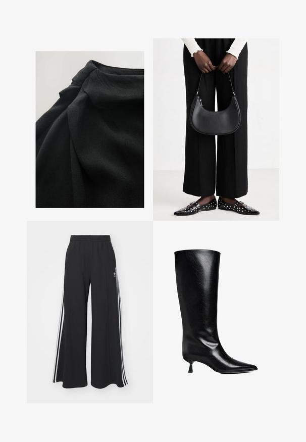 Černá látka s jemným, strukturovaným povrchem, se zavěšenými záhyby a nabraným detailem nahoře, zdůrazňující fluiditu v designu.; Černé pohodlné tepláky širokého střihu s elastickým pasem, na boční straně s bílými pruhy a vyšitým logem na levé stehně.; Černé kožené vysoké boty po kolena s špičatou špičkou, štíhlou siluetou a nízkým blokovým podpatkem s lesklým povrchem.; Černá kožená kabelka přes rameno s kulatým tvarem, lesklým povrchem a stříbrnými kovovými prvky. Osoba v černých širokých kalhotách a s ozdobenými mokasíny.