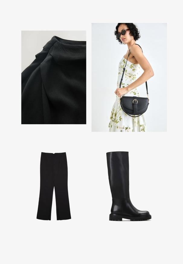 Crni materijal s mekom, teksturiranom površinom, s drapiranim slojevima i nabranim detaljem na vrhu, naglašavajući fluidnost u dizajnu.; Crne hlače ravnog kroja, s prednjim džepovima i bočnim prorezima na rubu. Izrađene od mekog i glatkog materijala. Pogodne za razne prigode.; Crne čizme do koljena izrađene od glatke kože. Imaju zaobljeni vrh, čvrst potplat s rebrastim uzorkom i minimalistički dizajn.; Crna kožna torba s lukovitim oblikom, odvojivim remenom i zlatnim detaljima. Torba ima preklop s kopčom.