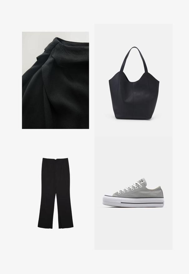 Mustaa kangasta, jossa on pehmeä, teksturoitu pinta, drapeerattuja taitoksia ja kerätty yksityiskohta ylhäällä, korostaen suunnittelun sujuvuutta.; Mustat housut suoralinjaisella leikkauksella, joissa on etutaskut ja sivurei'ät helman alla. Valmistettu pehmeästä ja sileästä kankaasta. Sopii eri tilaisuuksiin.; Harmaat kangaskengät, joissa on valkoiset nauhat, kuminen varvaskuppi ja paksu valkoinen kumipohja, jossa on kaksi mustaa raitaa sivussa.; Mustat kangaskassit, jotka on valmistettu sileästä nahasta, jossa on kaareva, avoin yläosa, kaksi olkahihnaa ja minimalistinen muotoilu.