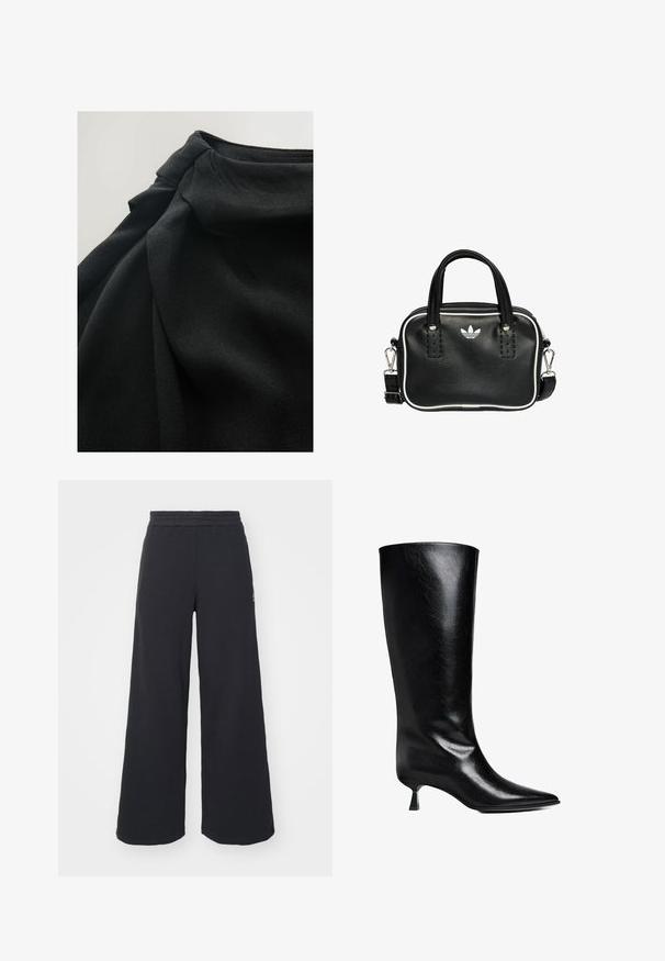 Tessuto nero con una superficie morbida e strutturata, caratterizzato da pieghe drappeggiate e un dettaglio arricciato nella parte superiore, che enfatizza la fluidità del design.; Pantaloni felpati neri a gamba larga realizzati in tessuto morbido, con un elastico in vita e un piccolo logo sul lato sinistro.; Stivale nero in pelle, alto fino al ginocchio, con punta affusolata, silhouette slim e tacco basso a blocco, con una finitura lucida.; Borsa a mano in pelle nera con due manici corti, hardware argentato, dettagli bianchi e un logo bianco. Presenta una superficie strutturata e un design compatto.